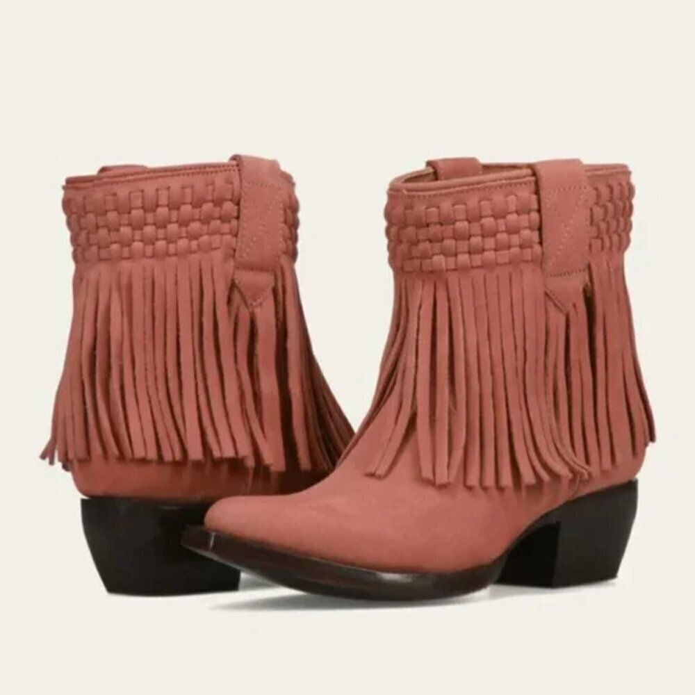 NWB$358 FRYE Sacha Short Fringe Suede Ankle Booties Pink Western Cowgirl Sz 7
